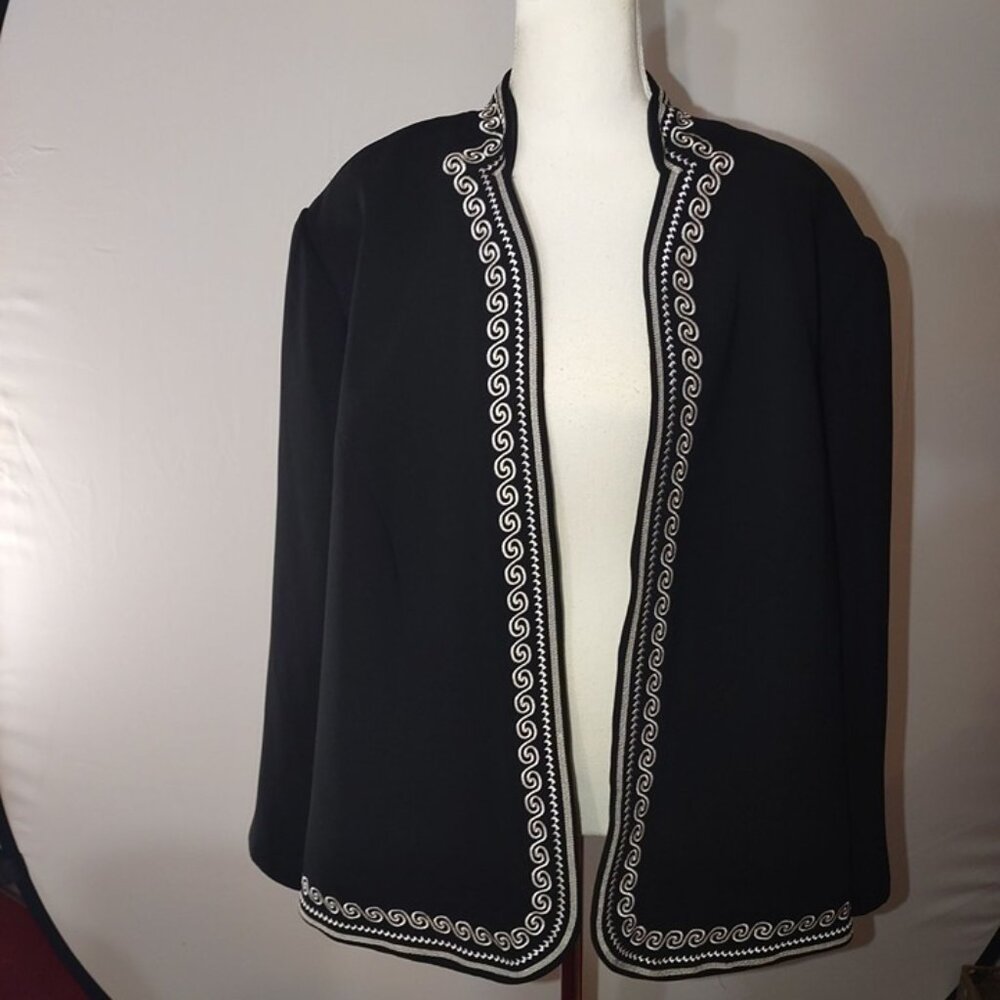 Julian Taylor Black Open Front Jacket w/White Embroidered Trim-Plus Size 24W